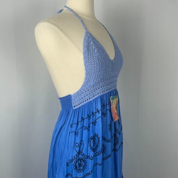 Boho Midi Dress Size Small Blue Embroidered Crochet Hi Low Beach Gypsy Festival - Picture 5 of 16
